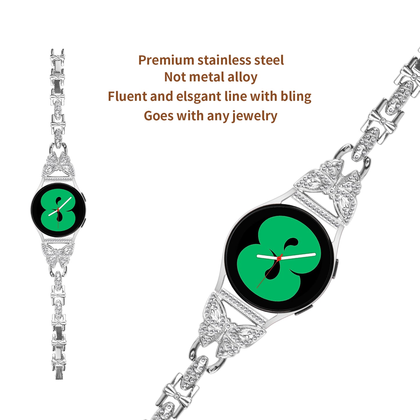 Watch Band for Samsung Galaxy Watch4 40mm 44mm / Watch4 Classic 42mm 46mm / Watch 5 40mm 44mm , Stainless Steel 20mm Strap with Rhinestone Decor - Silver