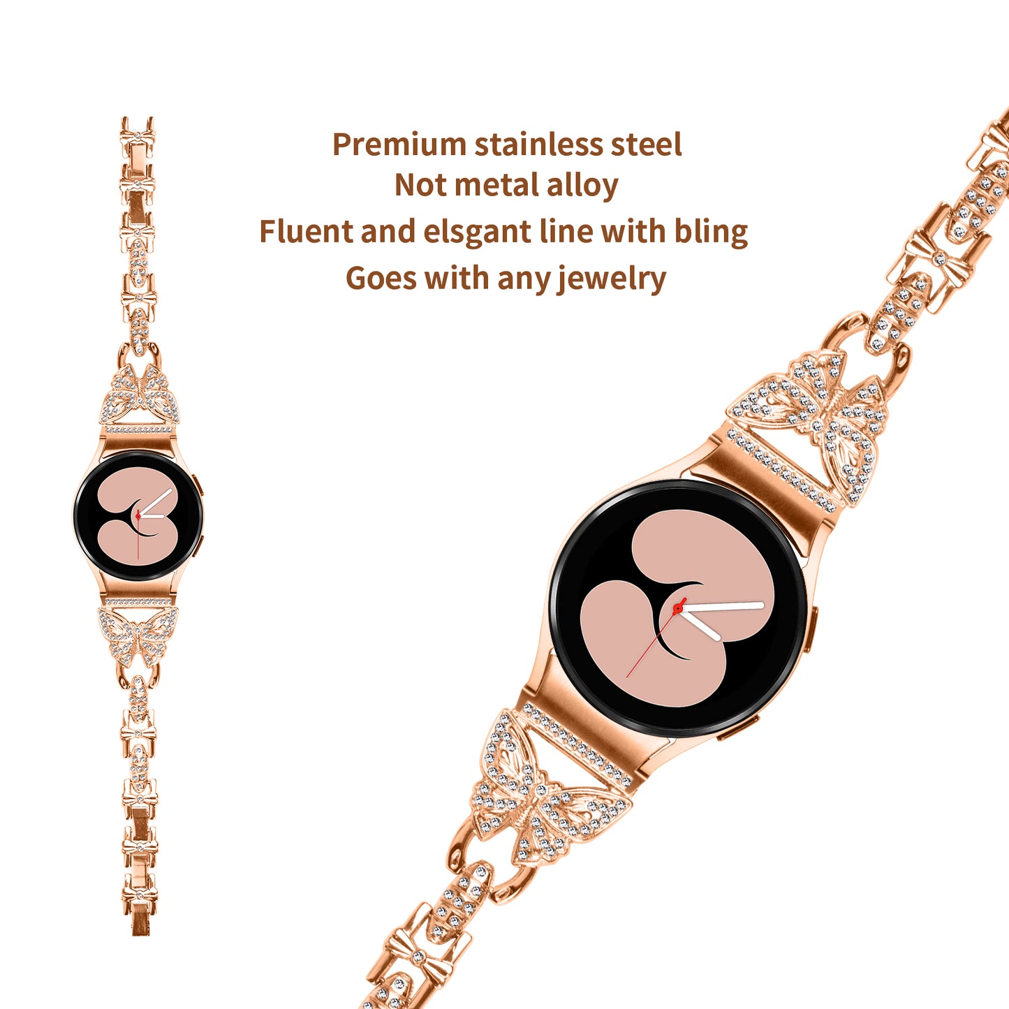 Stainless Steel Band for Samsung Galaxy Watch4 40mm 44mm / Watch4 Classic 42mm 46mm / Watch 5 40mm 44mm , Rhinestone Decor 20mm Watch Strap with Connector - Rose Gold