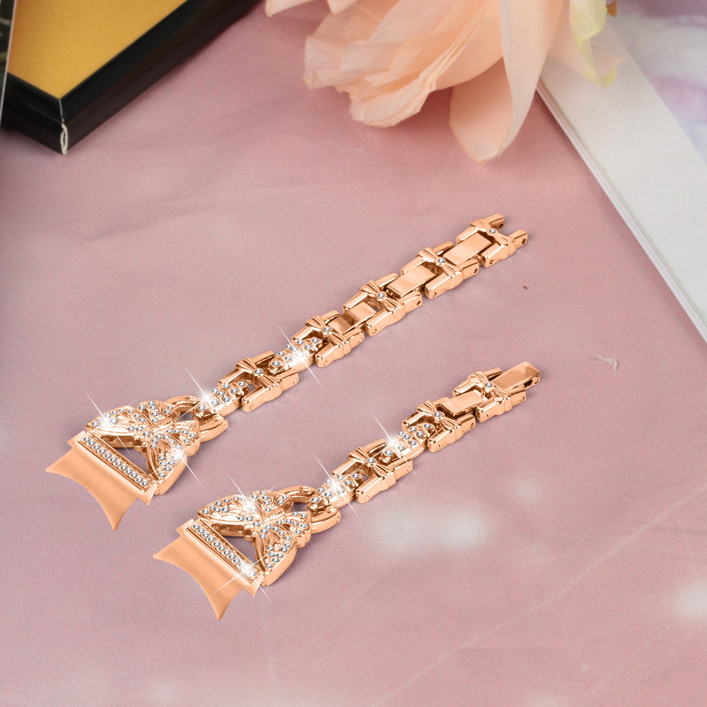 Stainless Steel Band for Samsung Galaxy Watch4 40mm 44mm / Watch4 Classic 42mm 46mm / Watch 5 40mm 44mm , Rhinestone Decor 20mm Watch Strap with Connector - Rose Gold