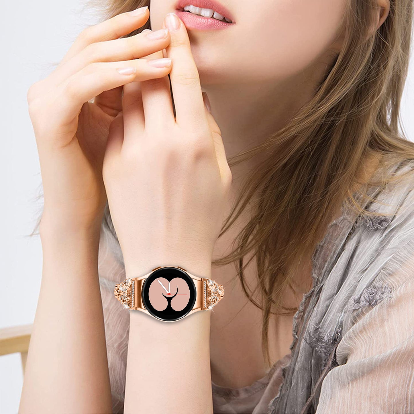 Stainless Steel Band for Samsung Galaxy Watch4 40mm 44mm / Watch4 Classic 42mm 46mm / Watch 5 40mm 44mm , Rhinestone Decor 20mm Watch Strap with Connector - Rose Gold