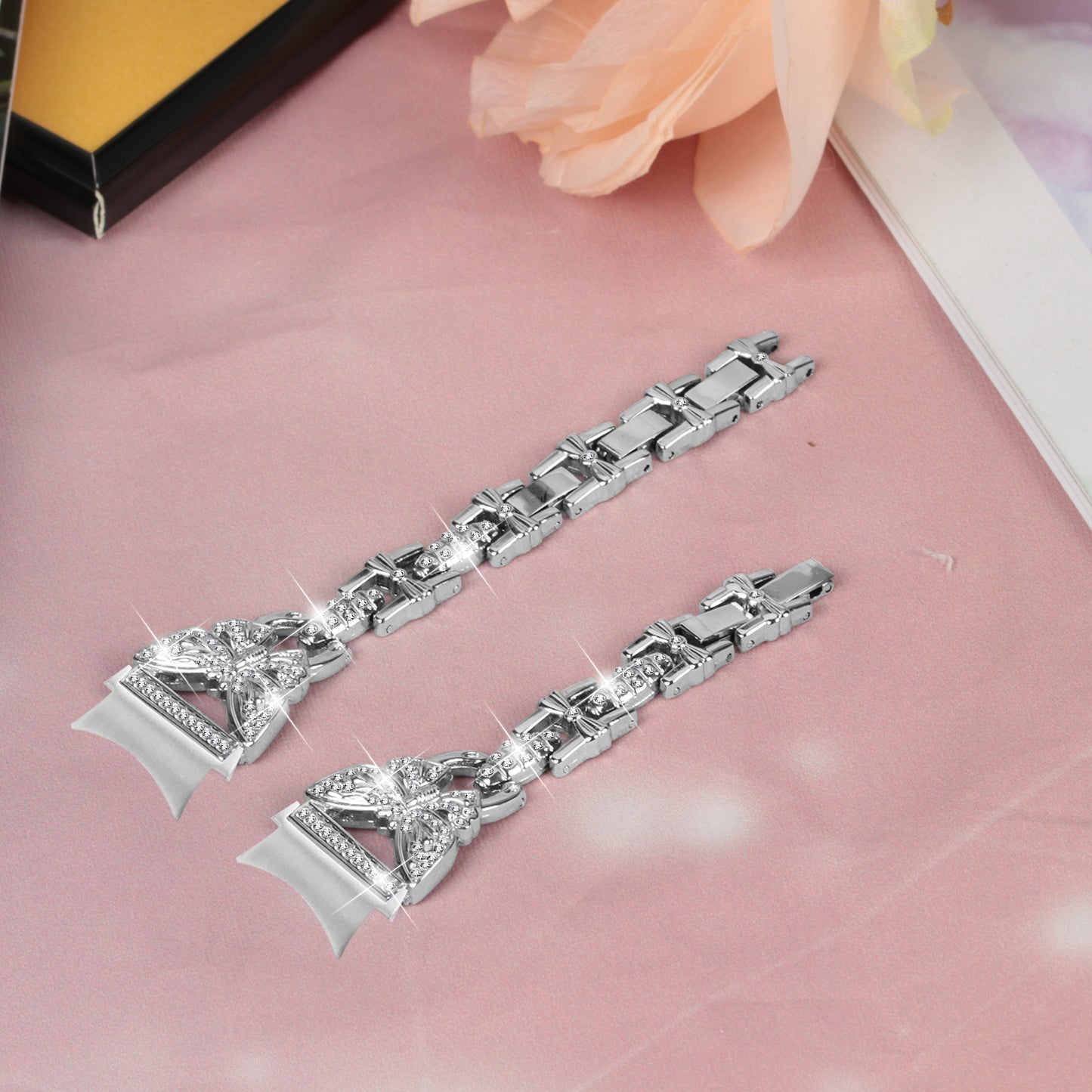 Stainless Steel Band for Samsung Galaxy Watch4 40mm 44mm / Watch4 Classic 42mm 46mm / Watch 5 40mm 44mm , Rhinestone Decor 20mm Watch Strap with Connector - Silver