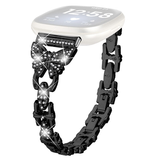 Uniqkart for Fitbit Versa 4 / Sense 2 Bling Watch Band Stainless Steel Butterfly Rhinestone Decor Strap - Black