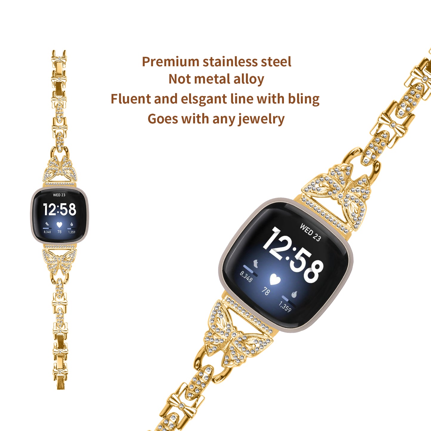 Uniqkart for Fitbit Versa 4 / Sense 2 Bling Watch Band Stainless Steel Butterfly Rhinestone Decor Strap - Gold