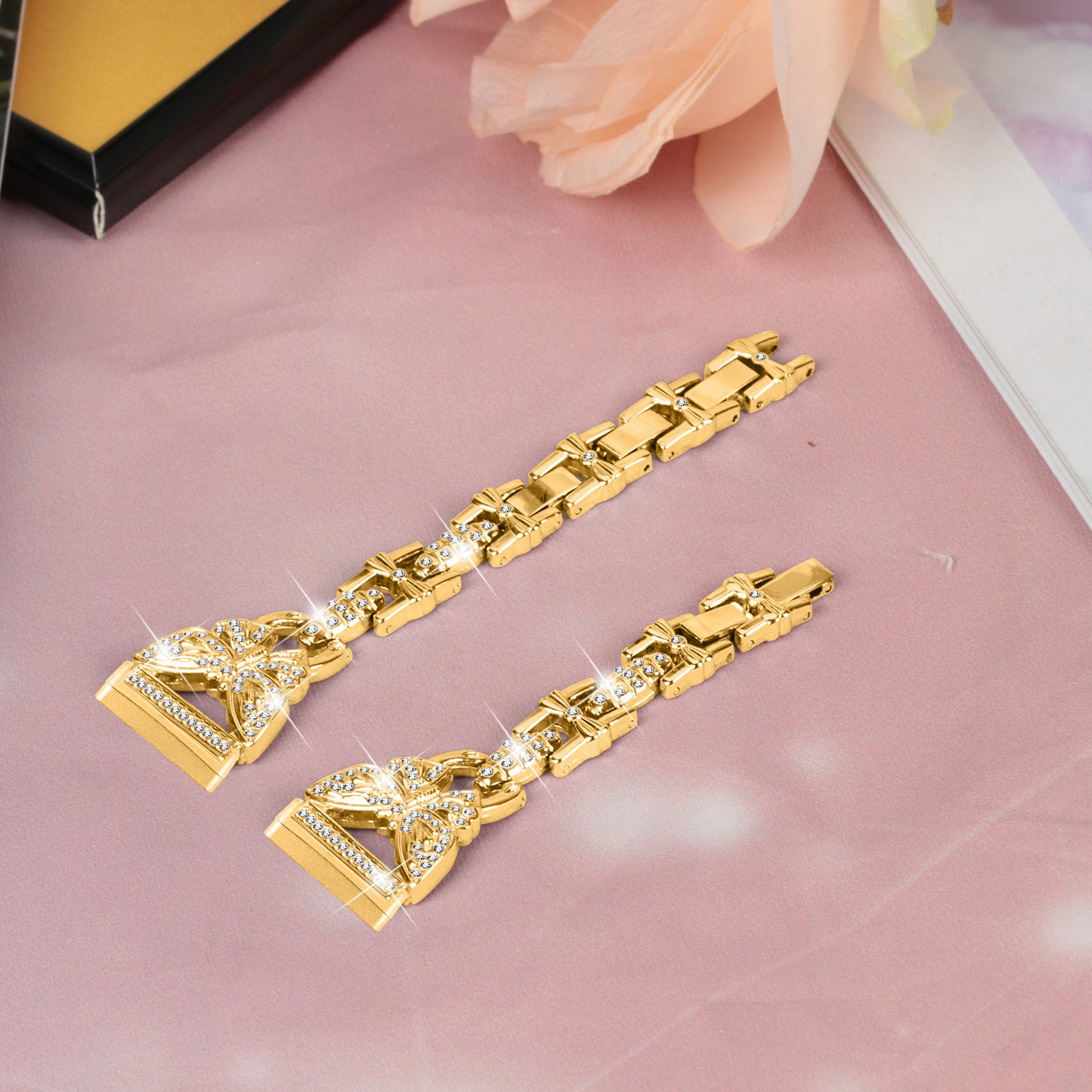 Uniqkart for Fitbit Versa 4 / Sense 2 Bling Watch Band Stainless Steel Butterfly Rhinestone Decor Strap - Gold