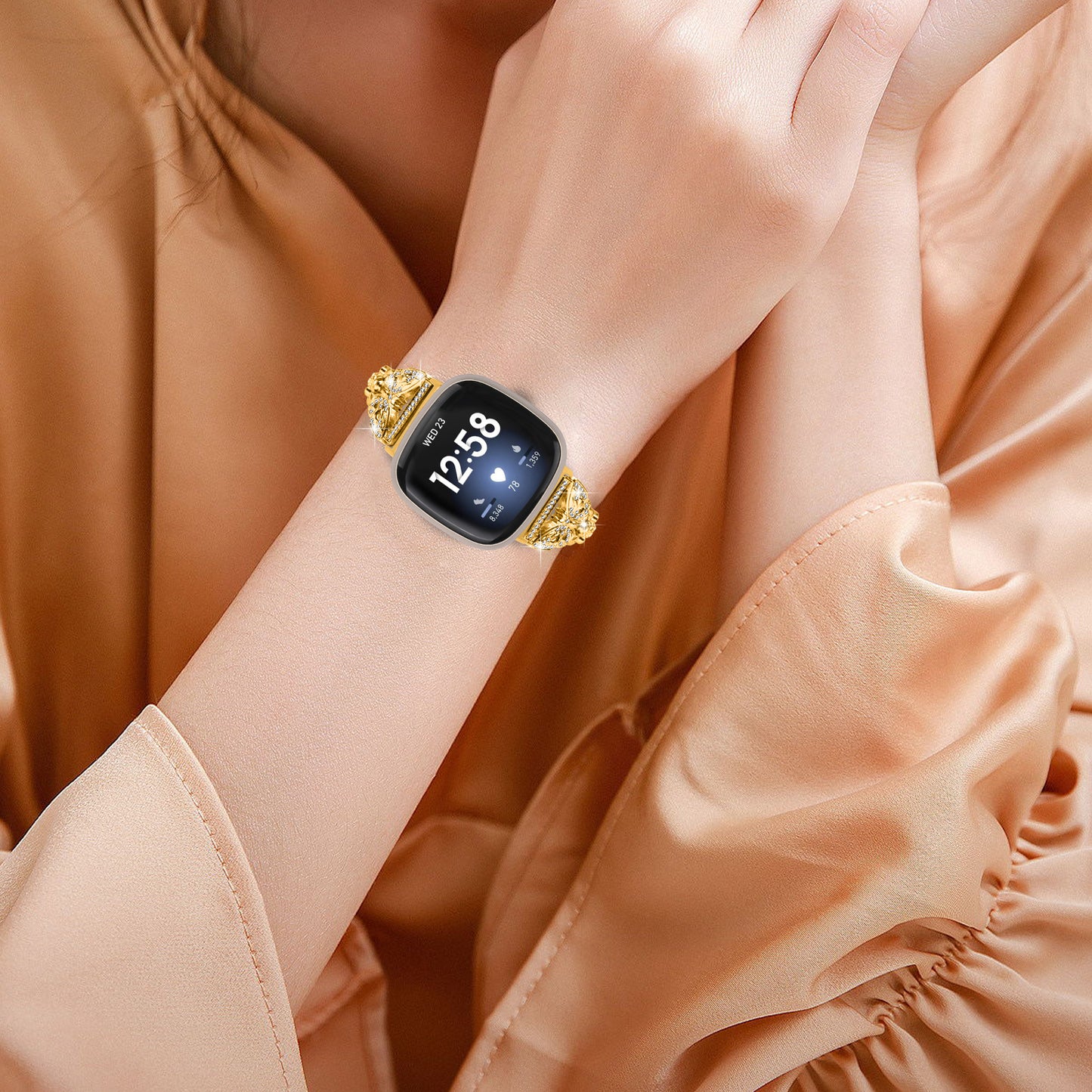 Uniqkart for Fitbit Versa 4 / Sense 2 Bling Watch Band Stainless Steel Butterfly Rhinestone Decor Strap - Gold