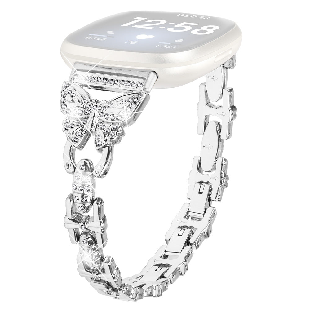 Uniqkart for Fitbit Versa 4 / Sense 2 Bling Watch Band Stainless Steel Butterfly Rhinestone Decor Strap - Silver