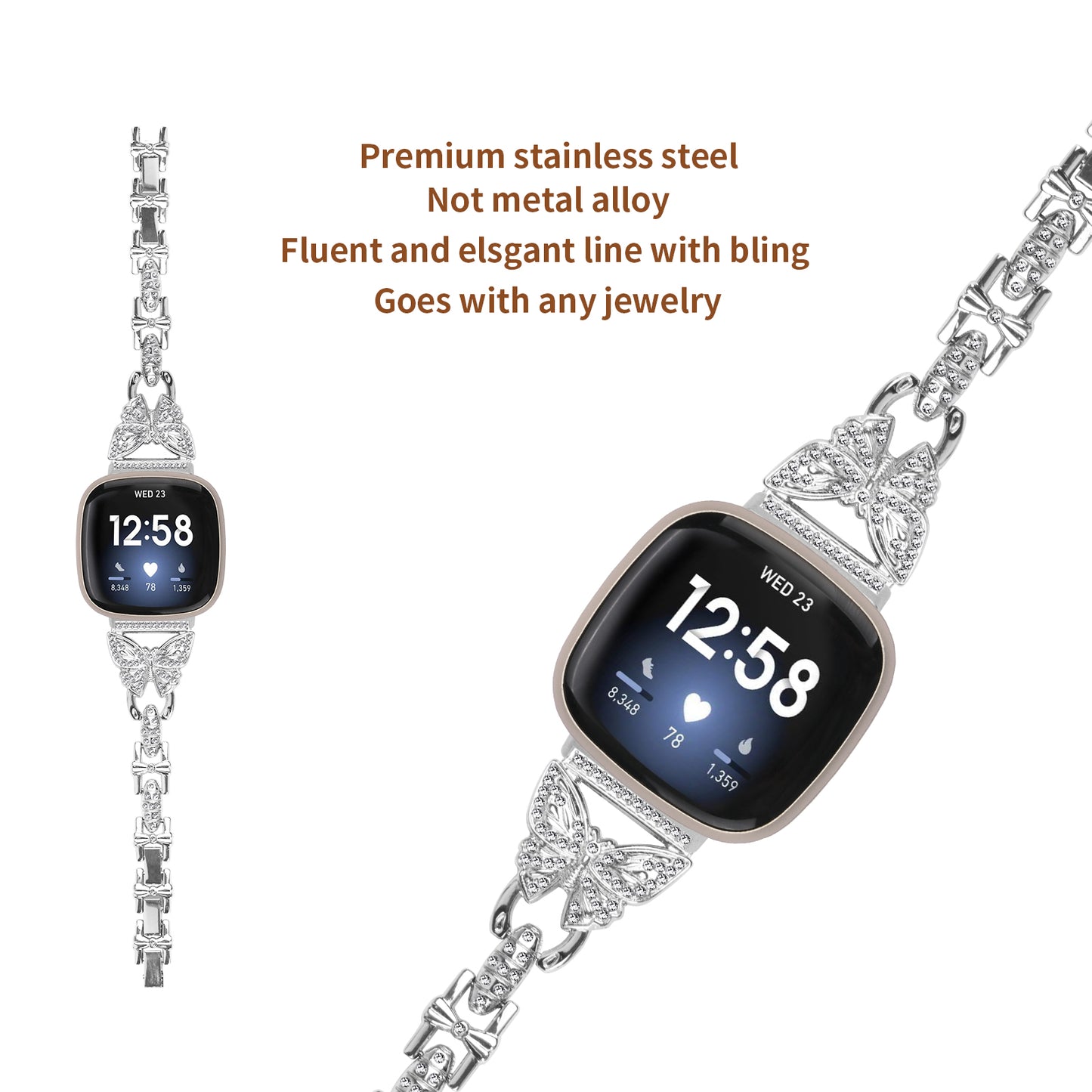 Uniqkart for Fitbit Versa 4 / Sense 2 Bling Watch Band Stainless Steel Butterfly Rhinestone Decor Strap - Silver