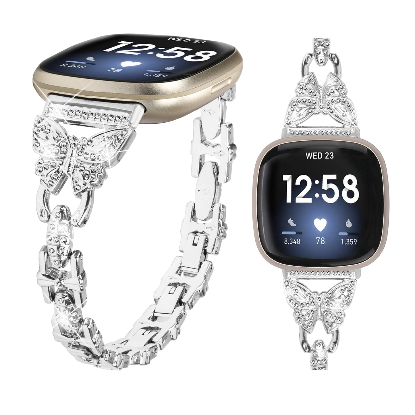 Uniqkart for Fitbit Versa 4 / Sense 2 Bling Watch Band Stainless Steel Butterfly Rhinestone Decor Strap - Silver