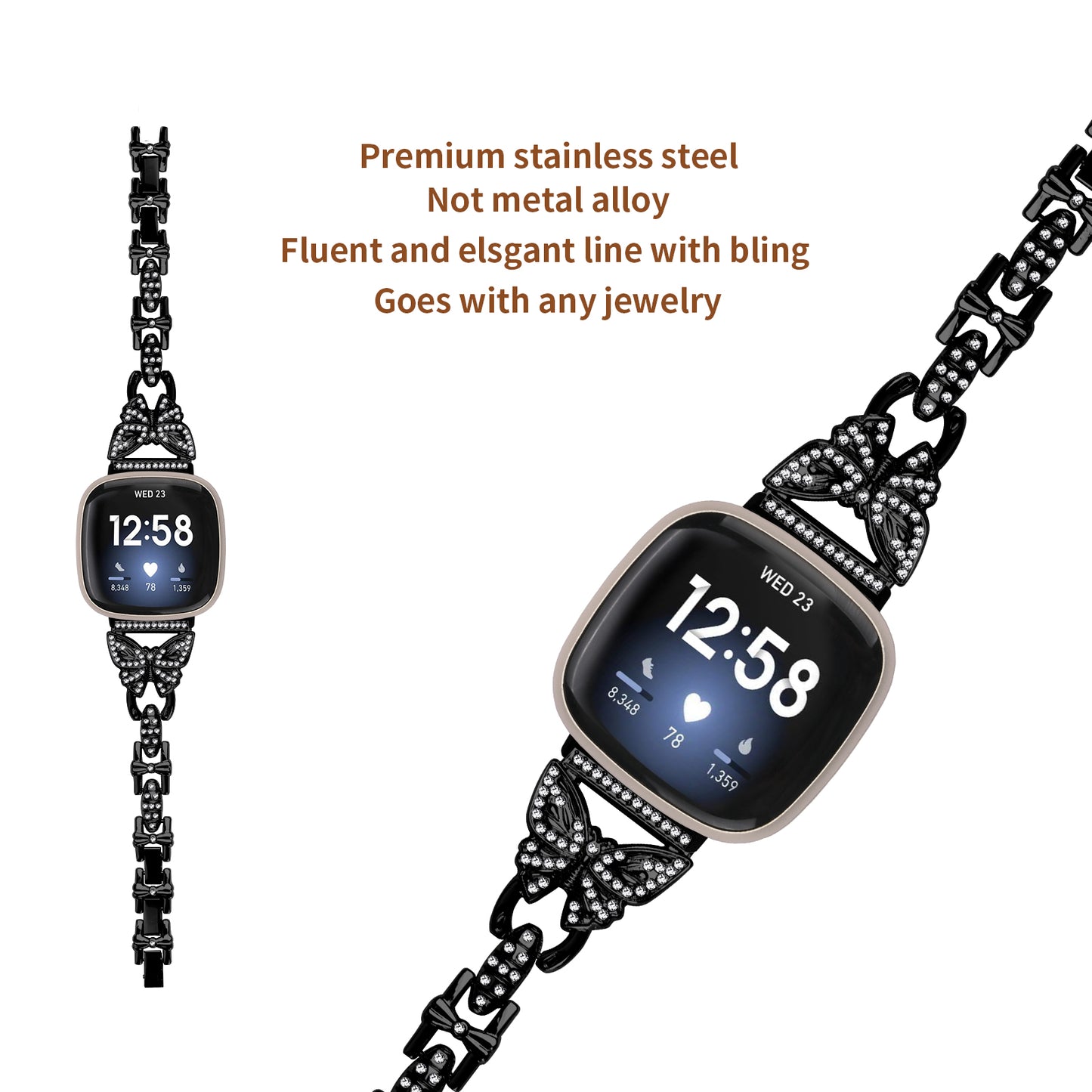 Uniqkart for Fitbit Versa 3 / Sense Stainless Steel Bracelet Butterfly Rhinestone Decor Watch Band - Black