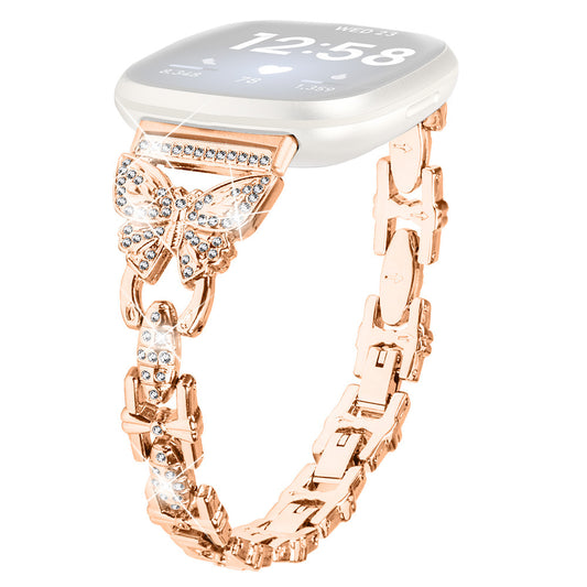 Uniqkart for Fitbit Versa 3 / Sense Stainless Steel Bracelet Butterfly Rhinestone Decor Watch Band - Rose Gold