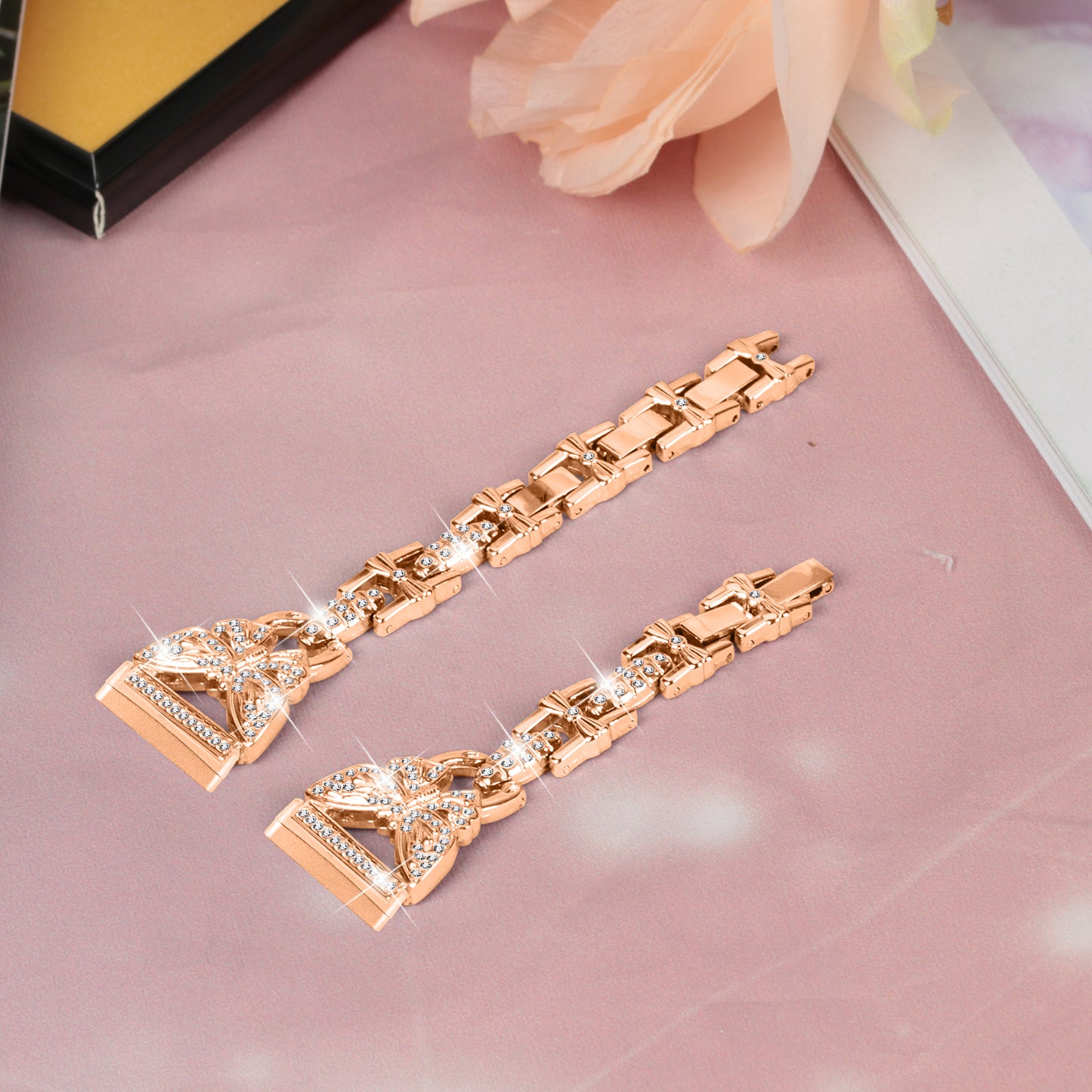 Uniqkart for Fitbit Versa 3 / Sense Stainless Steel Bracelet Butterfly Rhinestone Decor Watch Band - Rose Gold