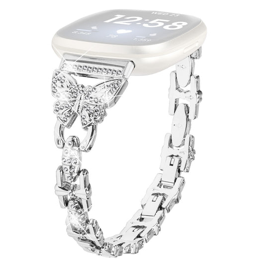 Uniqkart for Fitbit Versa 3 / Sense Stainless Steel Bracelet Butterfly Rhinestone Decor Watch Band - Silver