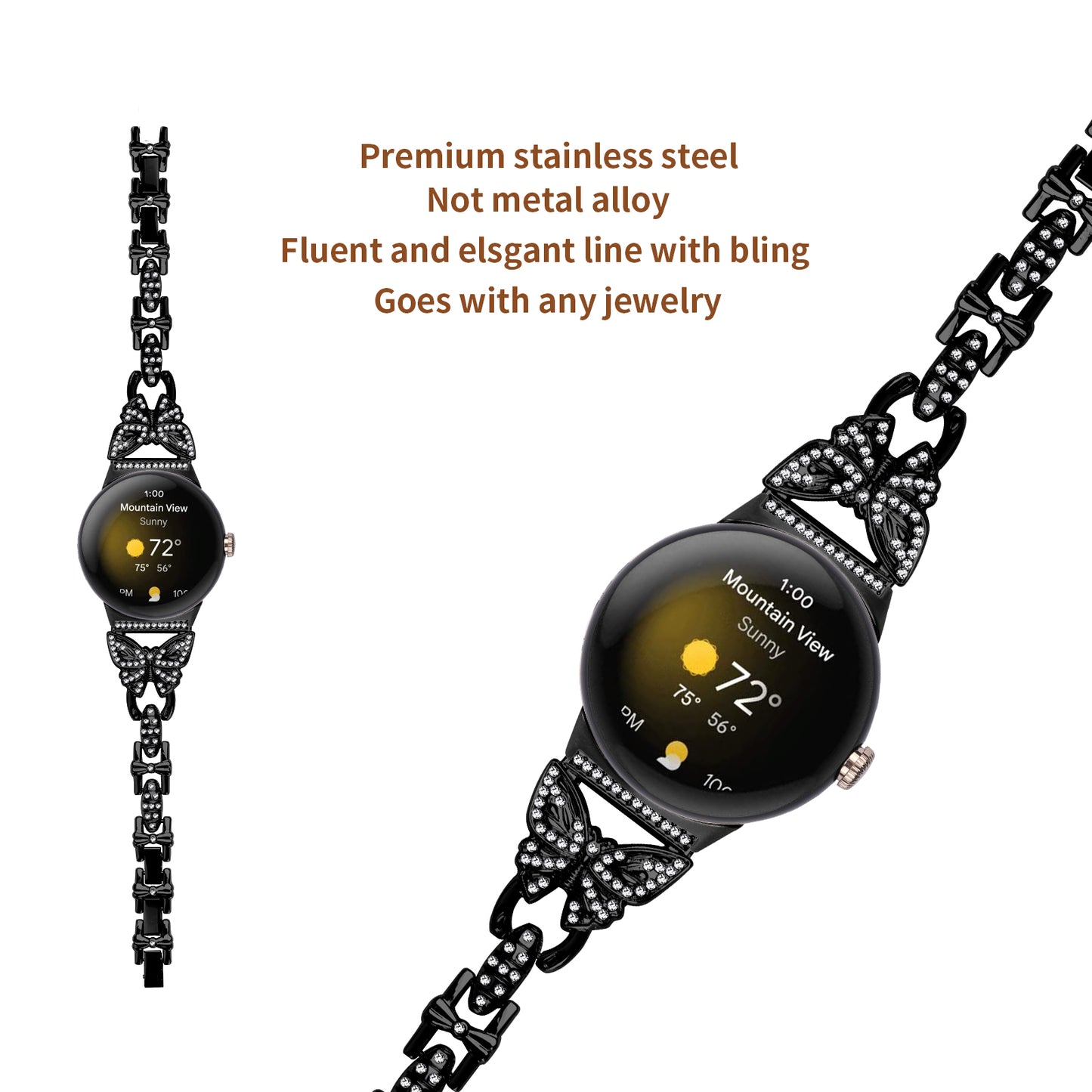 Metal Bling Watch Band for Google Pixel Watch , Stainless Steel Butterfly Rhinestone Decor Smartwatch Strap - Black