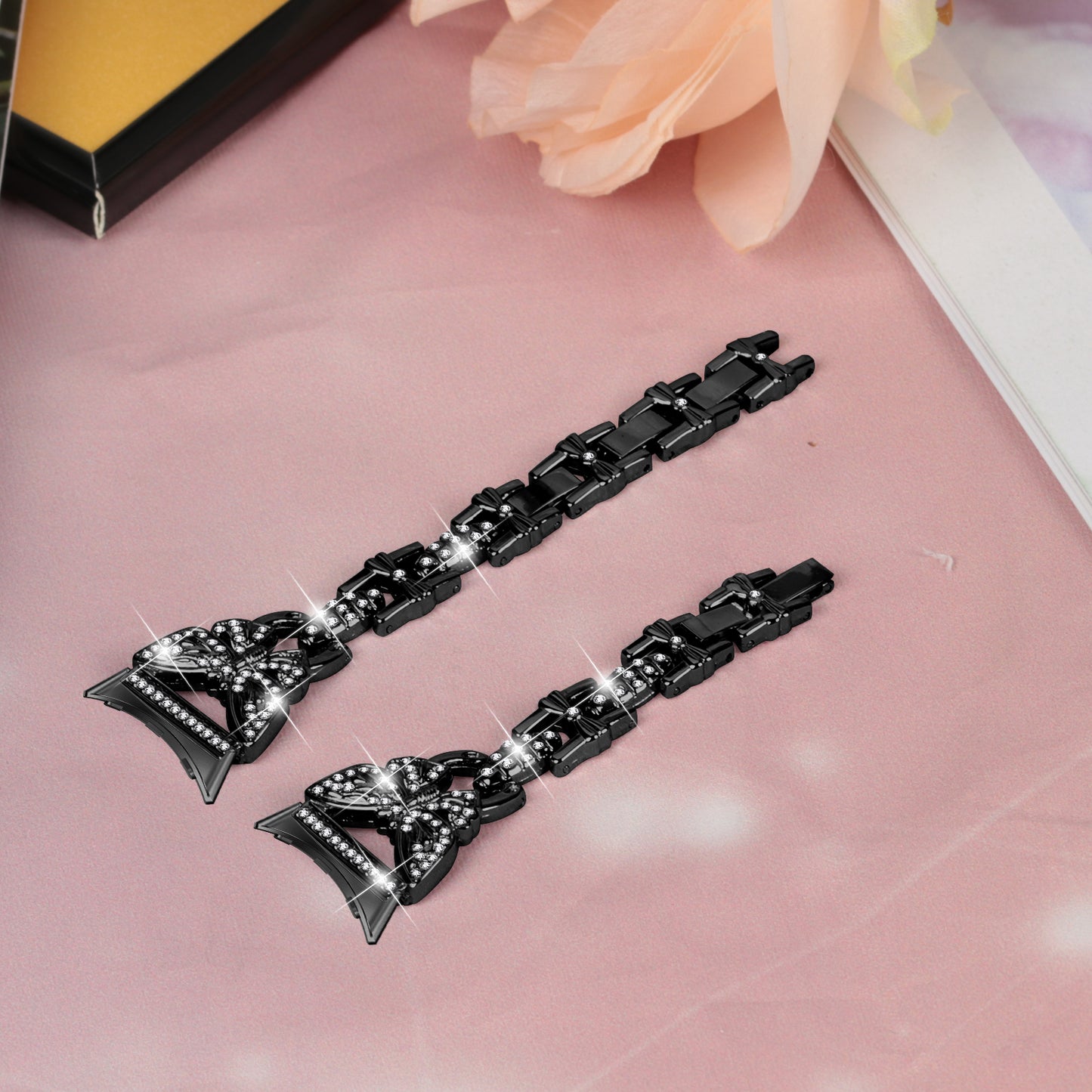 Metal Bling Watch Band for Google Pixel Watch , Stainless Steel Butterfly Rhinestone Decor Smartwatch Strap - Black