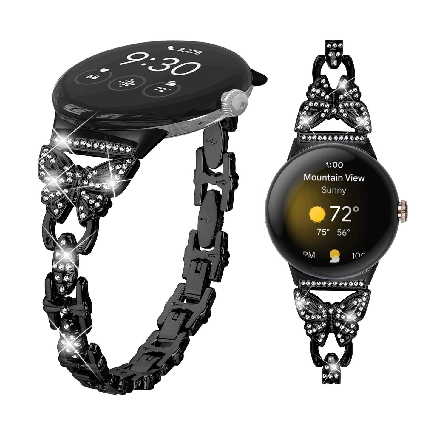 Metal Bling Watch Band for Google Pixel Watch , Stainless Steel Butterfly Rhinestone Decor Smartwatch Strap - Black