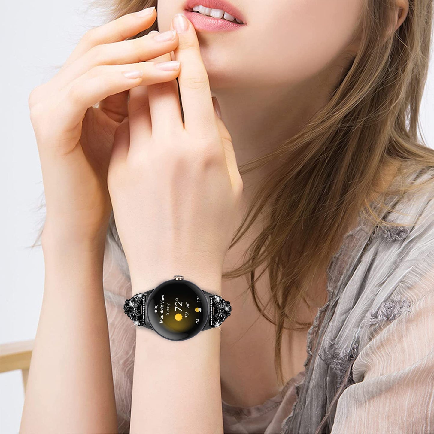 Metal Bling Watch Band for Google Pixel Watch , Stainless Steel Butterfly Rhinestone Decor Smartwatch Strap - Black