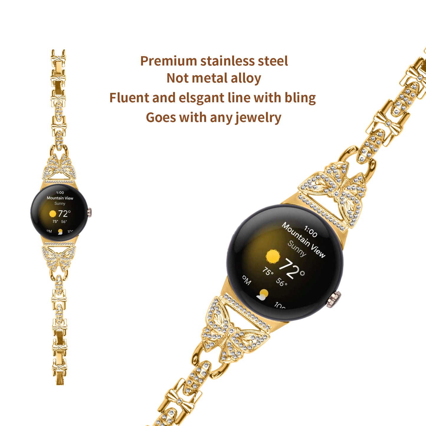 Metal Bling Watch Band for Google Pixel Watch , Stainless Steel Butterfly Rhinestone Decor Smartwatch Strap - Gold