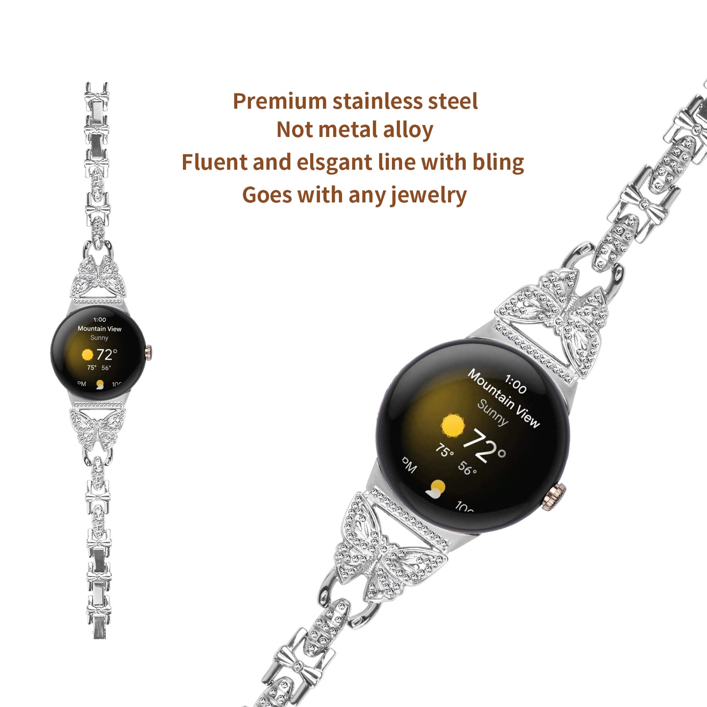Metal Bling Watch Band for Google Pixel Watch , Stainless Steel Butterfly Rhinestone Decor Smartwatch Strap - Silver
