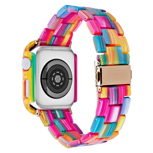 For Apple Watch Series 7 / 8 41mm Replacement Watch Strap Resin Watch Band Set with Watch Case Cover - Rainbow