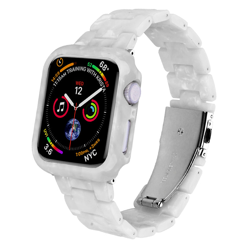 For Apple Watch Series 7 / 8 41mm Replacement Watch Strap Resin Watch Band Set with Watch Case Cover - Pearl White