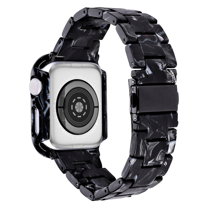 For Apple Watch Series 7 / 8 45mm Resin Watch Strap Set with Case Cover Smart Watch Replacement Band - Black Flower