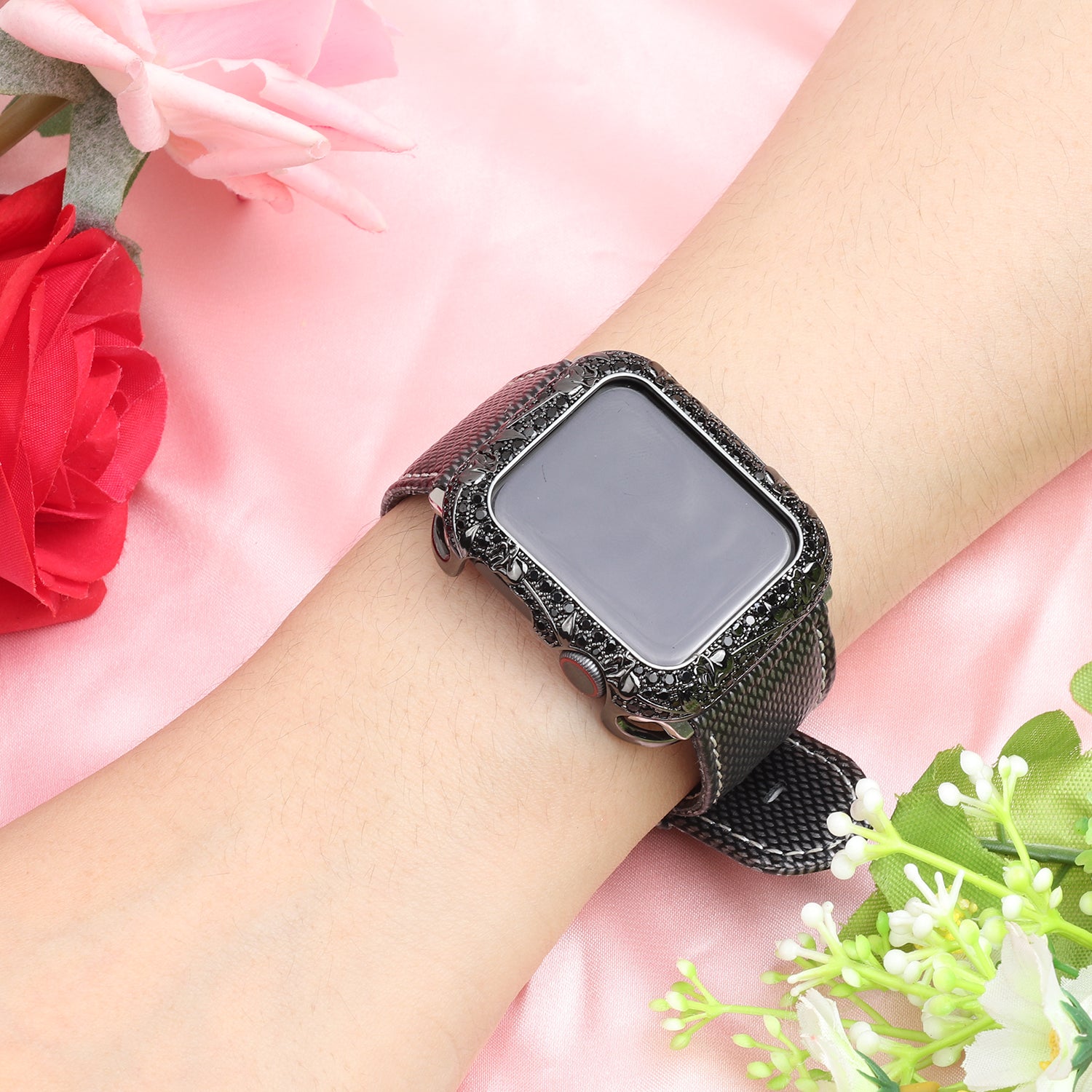 Tulip Zircon Decor Copper Anti-fall Stylish Watch Case Protective Cover for Apple Watch Series 4 / 5 / 6 44mm / SE 44mm / SE (2022) 44mm - Black