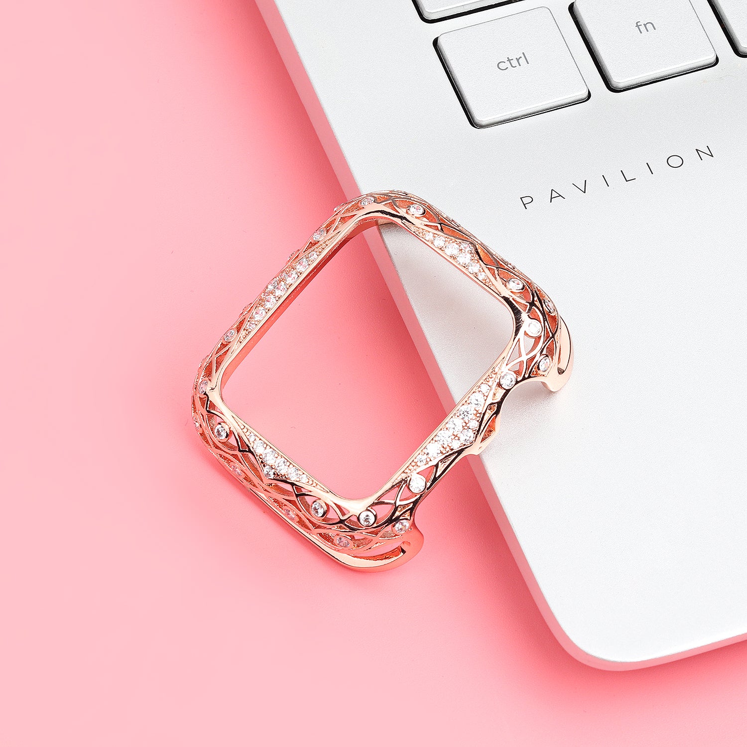 Zircon Decor Hollow-out Copper Protective Watch Case Shell for Apple Watch Series 4 / 5 / 6 44mm / SE 44mm / SE (2022) 44mm - Pink