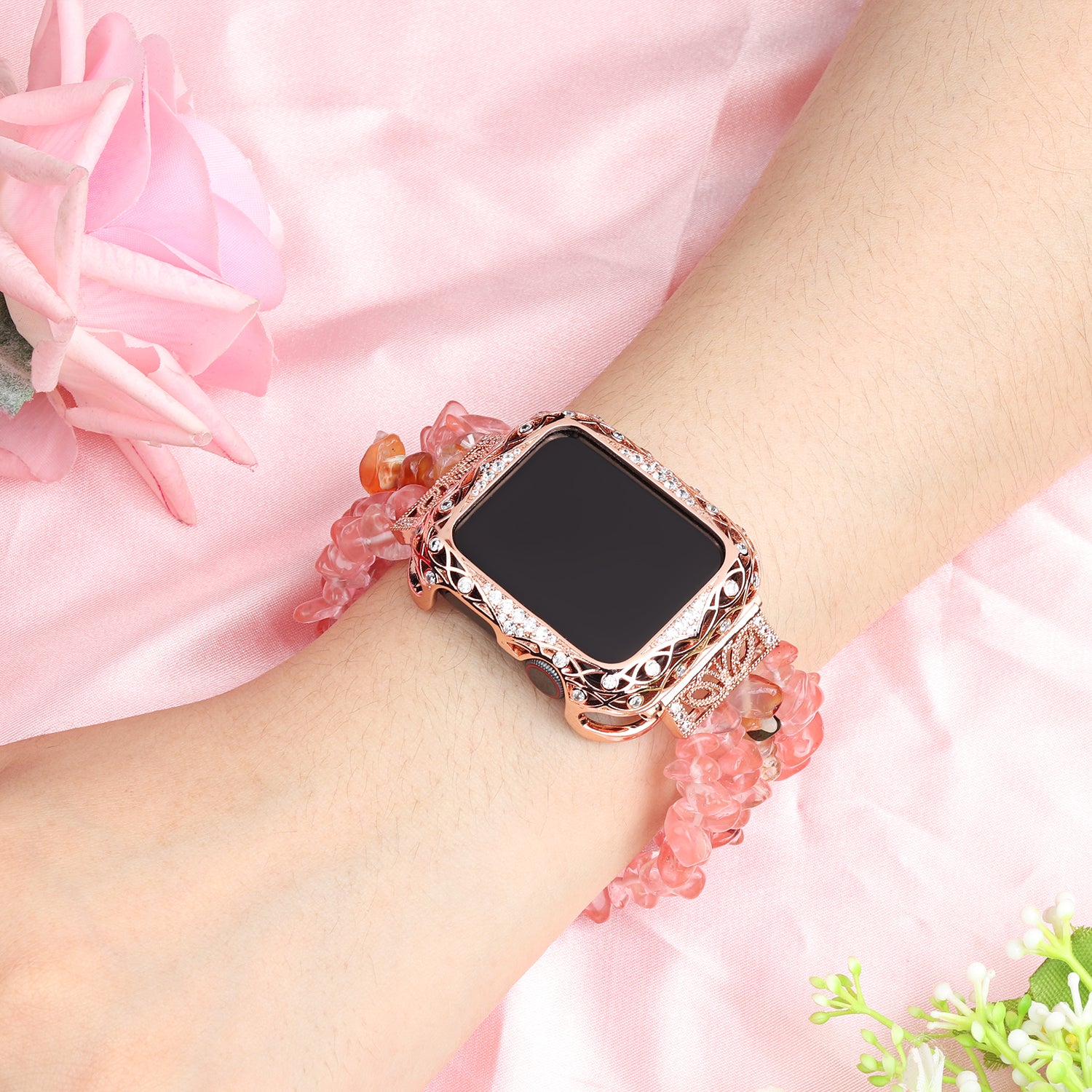 Zircon Decor Hollow-out Copper Protective Watch Case Shell for Apple Watch Series 4 / 5 / 6 44mm / SE 44mm / SE (2022) 44mm - Pink