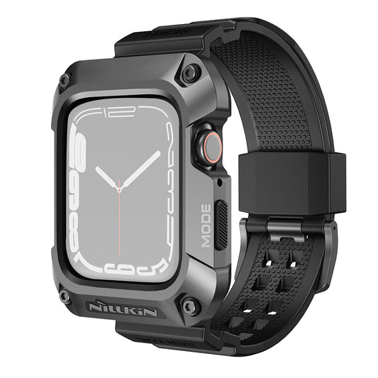 Uniqkart For Apple Watch Series 8 / 7 45mm Metal Case Alloy Rugged Protector Cover with TPU Watch Band - Dark Grey+Black Strap