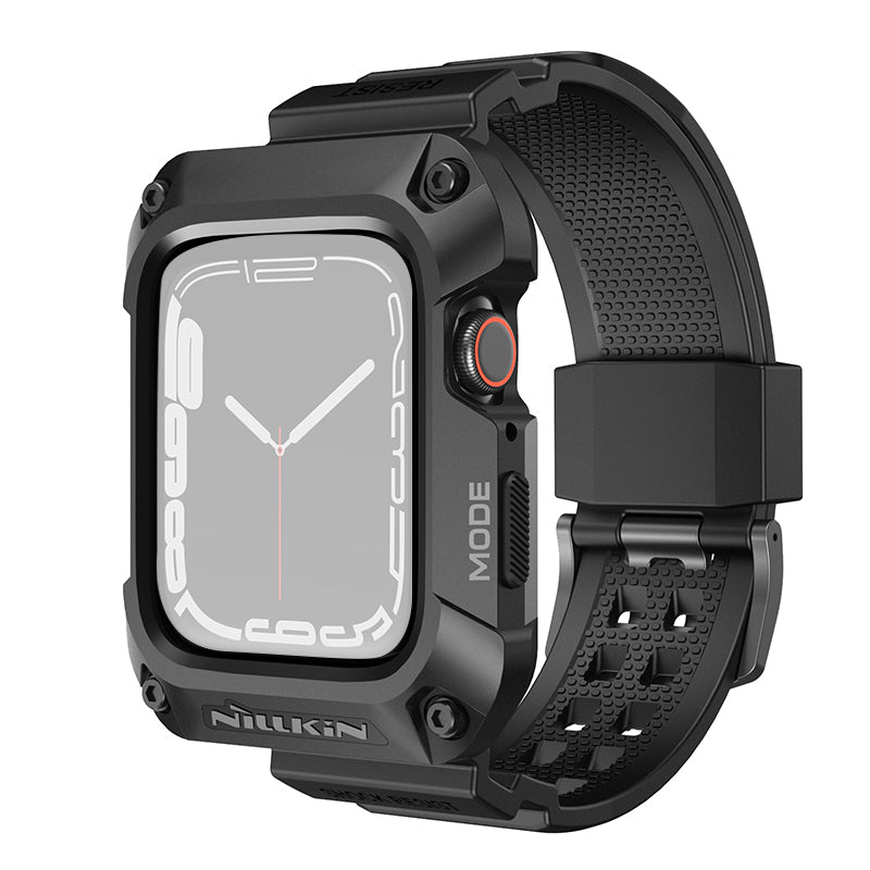 Uniqkart For Apple Watch Series 8 / 7 45mm Metal Case Alloy Rugged Protector Cover with TPU Watch Band - Midnight Black+Black Strap