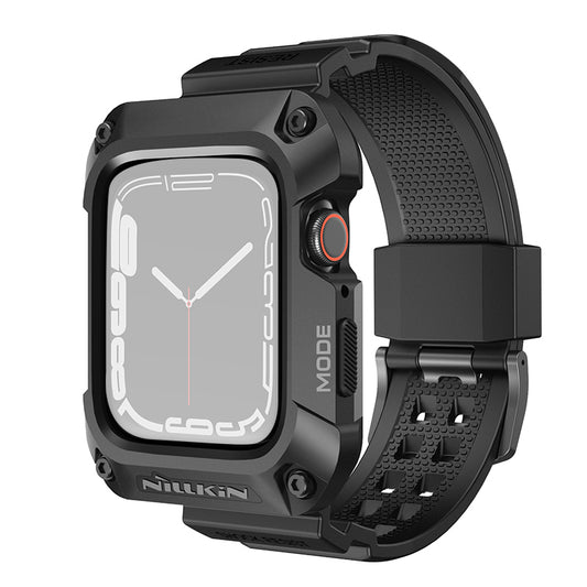 Uniqkart For Apple Watch Series 8 / 7 45mm Metal Case Alloy Rugged Protector Cover with TPU Watch Band - Midnight Black+Black Strap