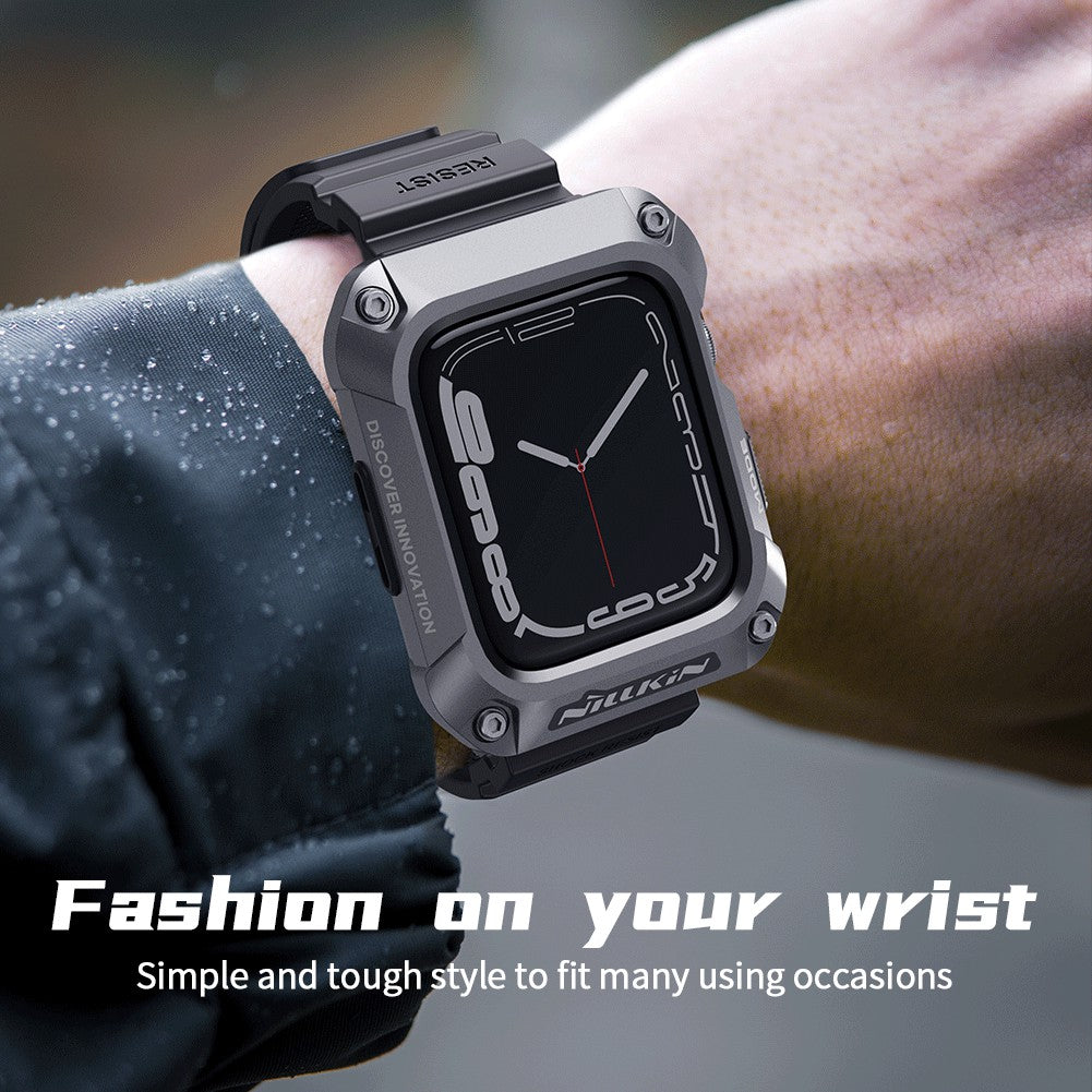 Uniqkart For Apple Watch Series 8 / 7 45mm Metal Case Alloy Rugged Protector Cover with TPU Watch Band - Midnight Black+Black Strap