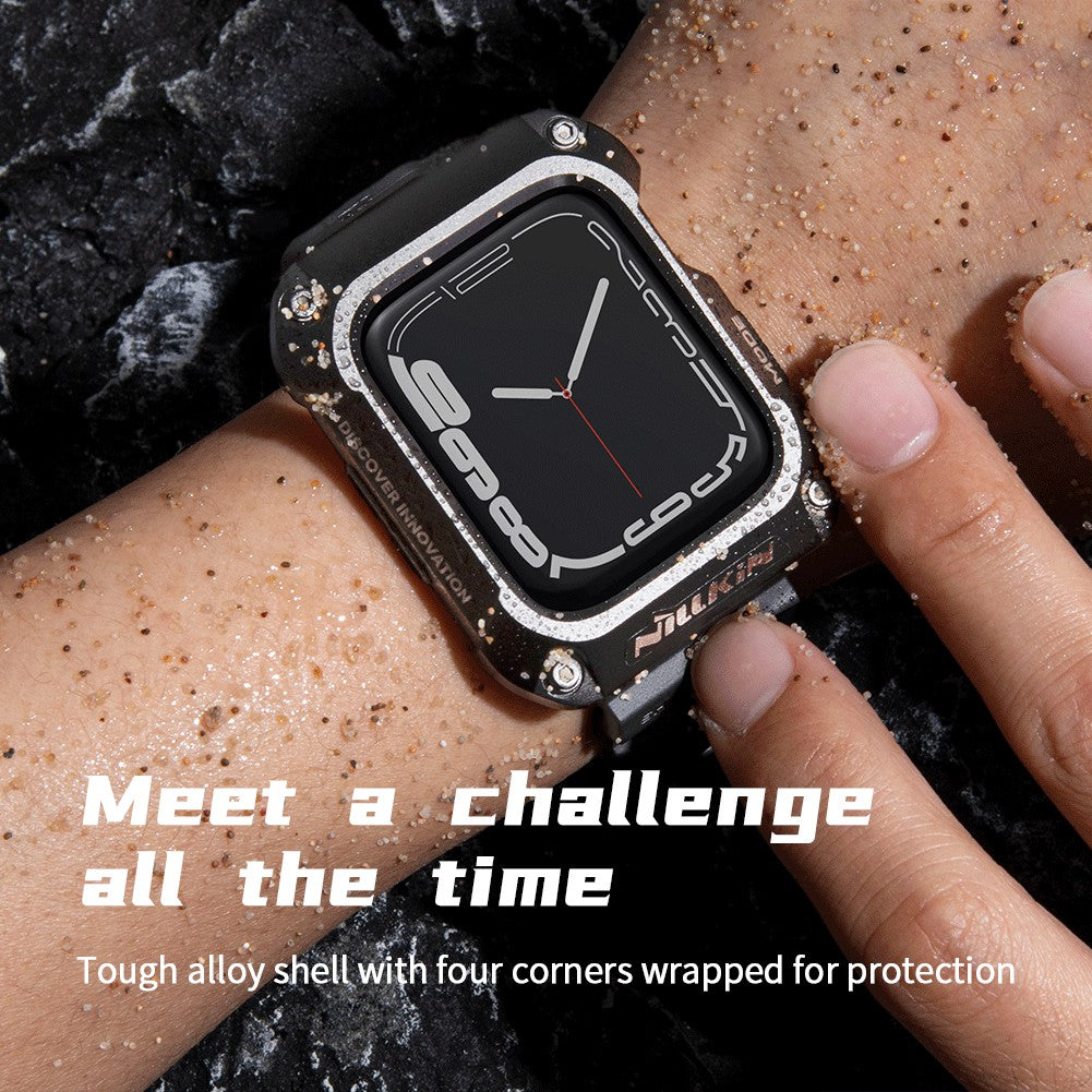Uniqkart For Apple Watch Series 8 / 7 45mm Metal Case Alloy Rugged Protector Cover with TPU Watch Band - Midnight Black+Black Strap