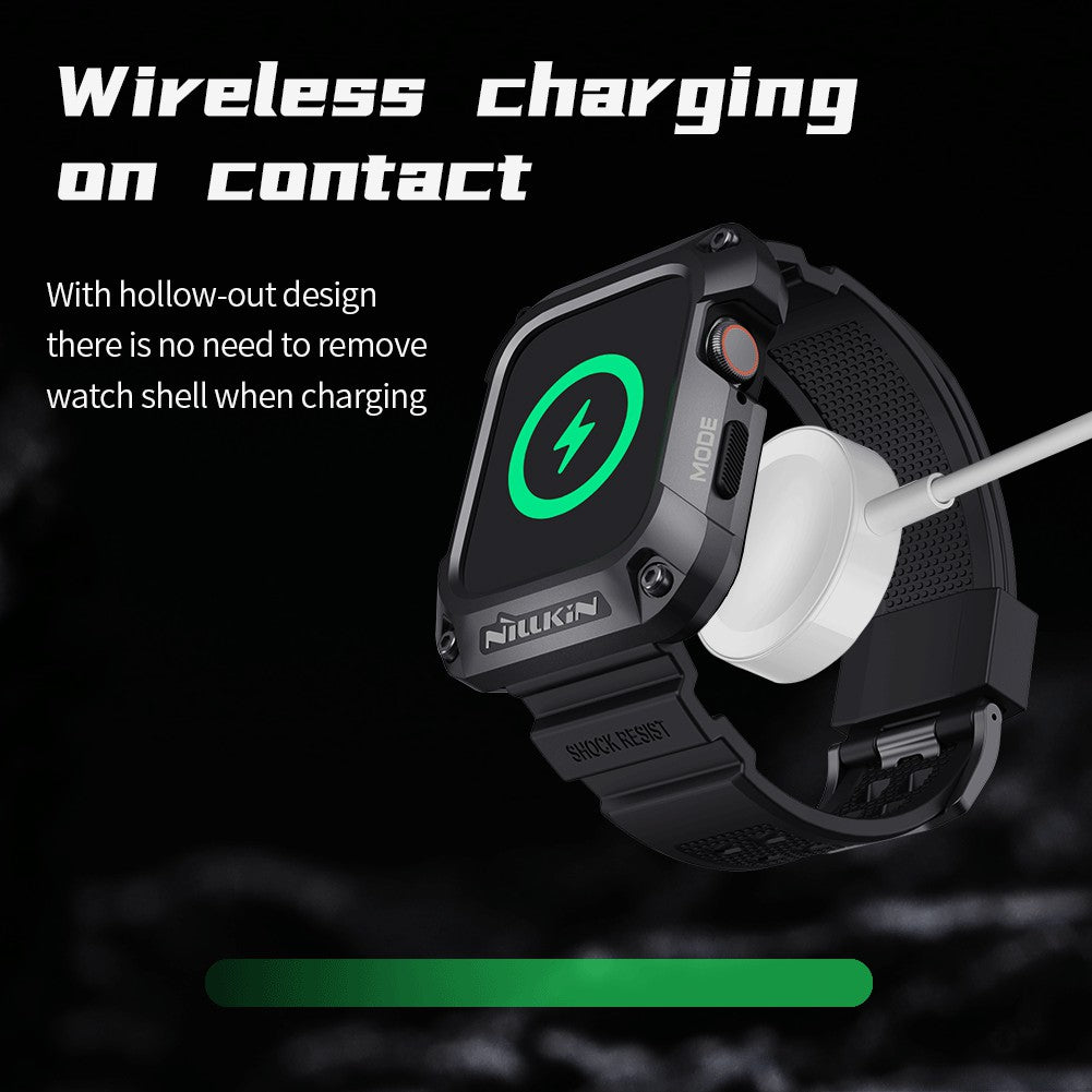 Uniqkart For Apple Watch Series 8 / 7 45mm Metal Case Alloy Rugged Protector Cover with TPU Watch Band - Midnight Black+Black Strap
