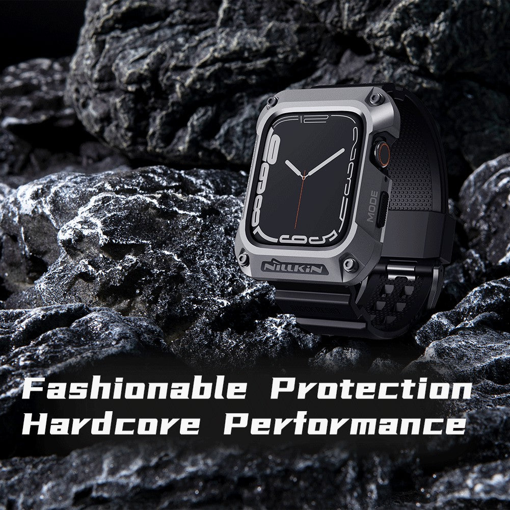 Uniqkart For Apple Watch Series 8 / 7 45mm Metal Case Alloy Rugged Protector Cover with TPU Watch Band - Dark Grey+Green Strap