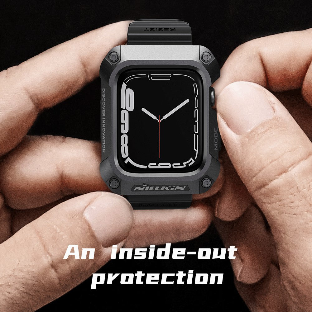 Uniqkart For Apple Watch Series 8 / 7 45mm Metal Case Alloy Rugged Protector Cover with TPU Watch Band - Dark Grey+Green Strap