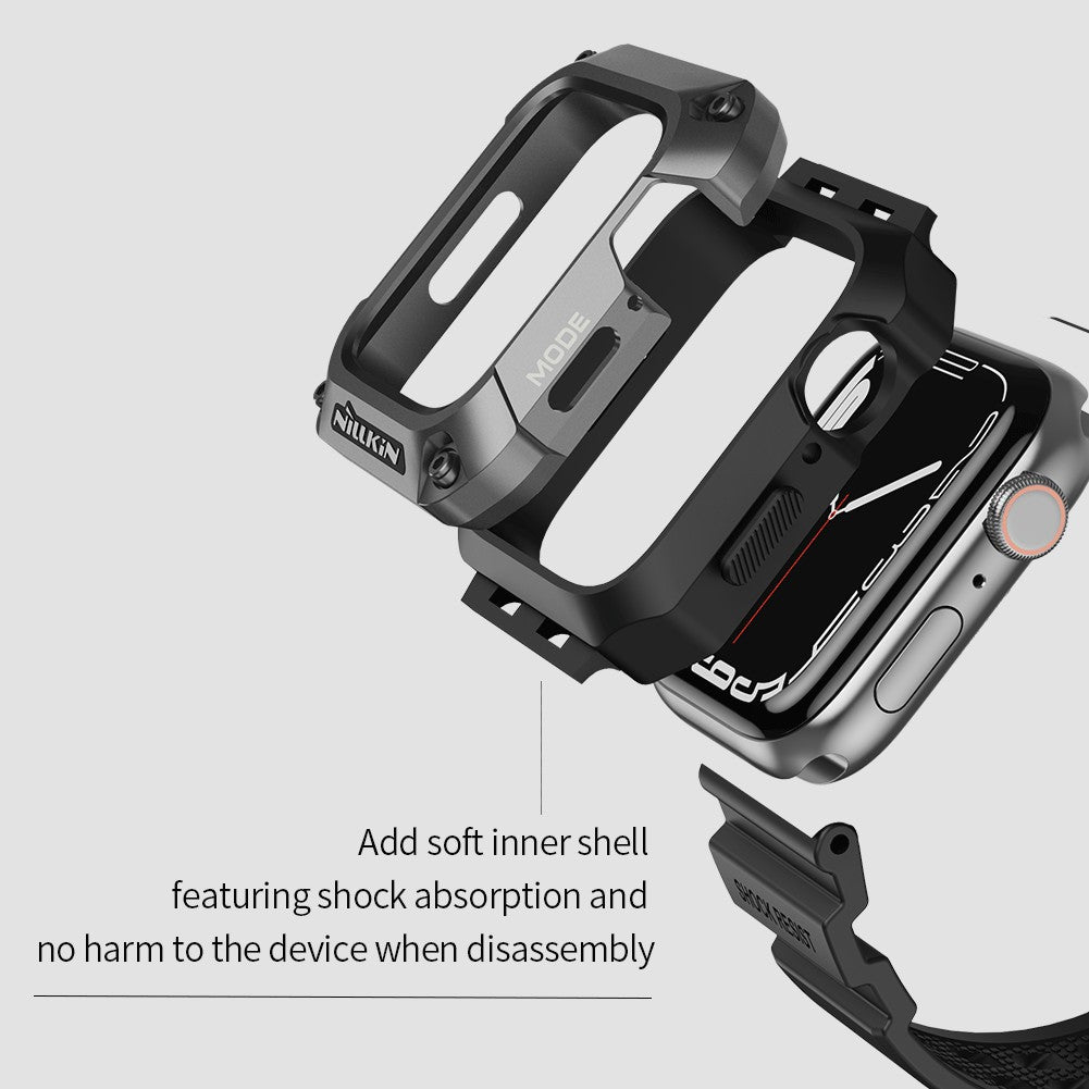 Uniqkart For Apple Watch Series 8 / 7 45mm Metal Case Alloy Rugged Protector Cover with TPU Watch Band - Dark Grey+Green Strap