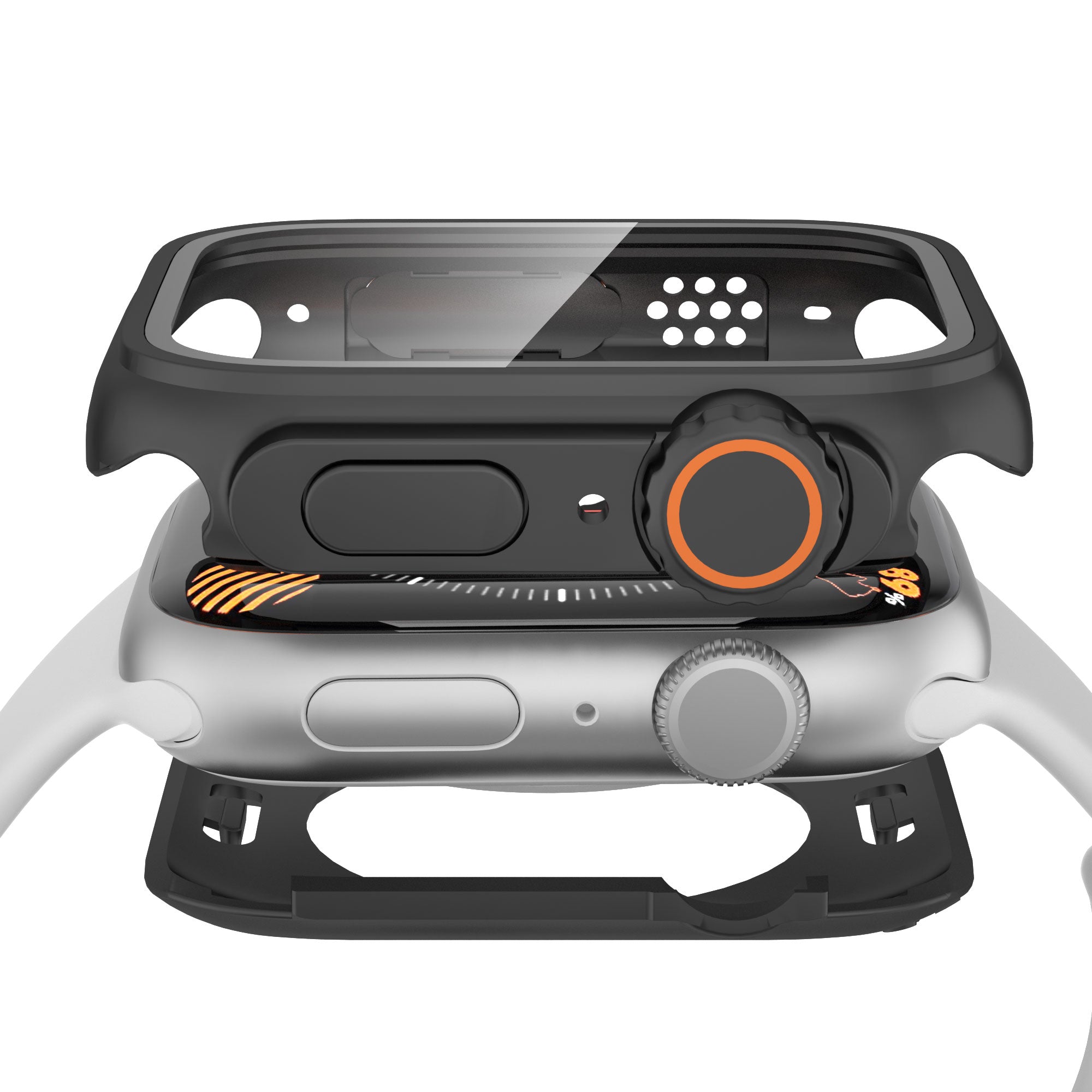 Waterproof Full Coverage Cover for Apple Watch Series 8 7 45mm , Hard PC Watch Case with Tempered Glass Screen Protector - Black