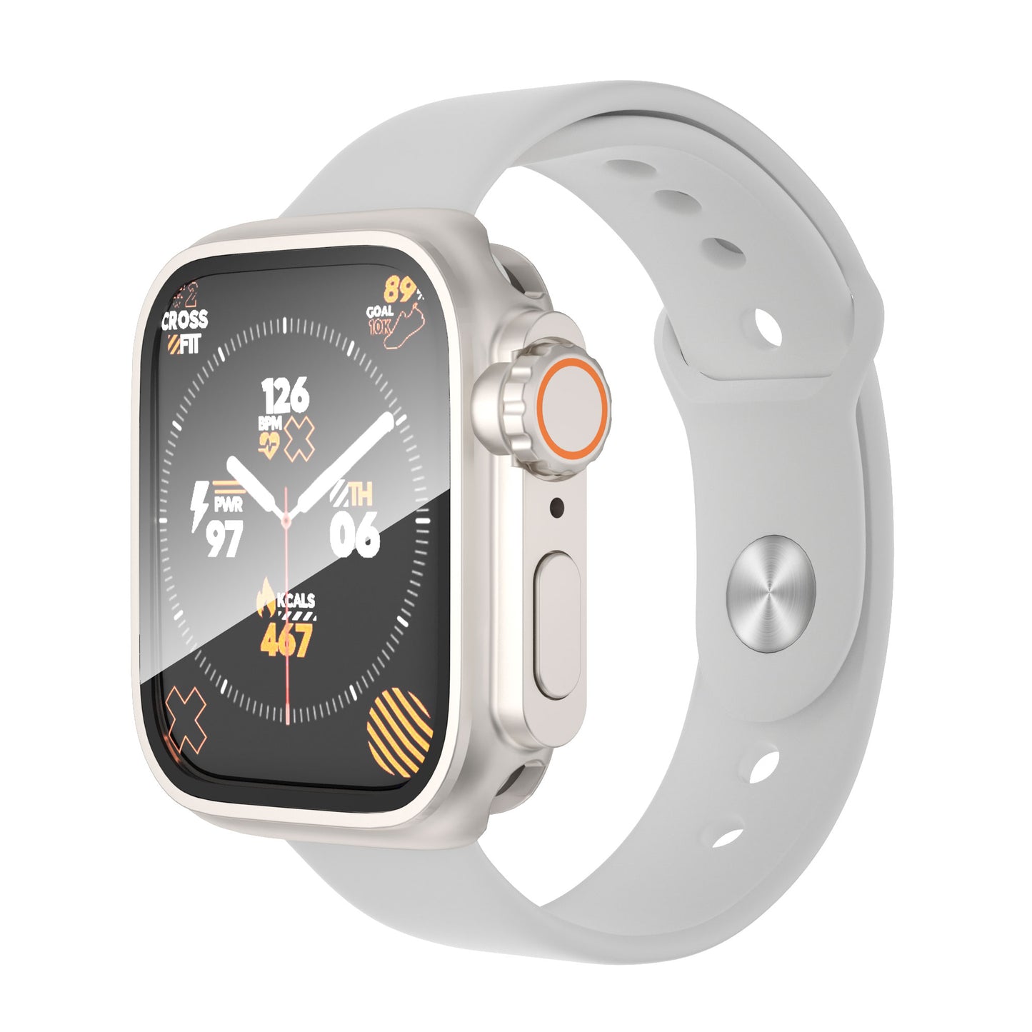 Waterproof Full Coverage Cover for Apple Watch Series 8 7 45mm , Hard PC Watch Case with Tempered Glass Screen Protector - Starlight Silver