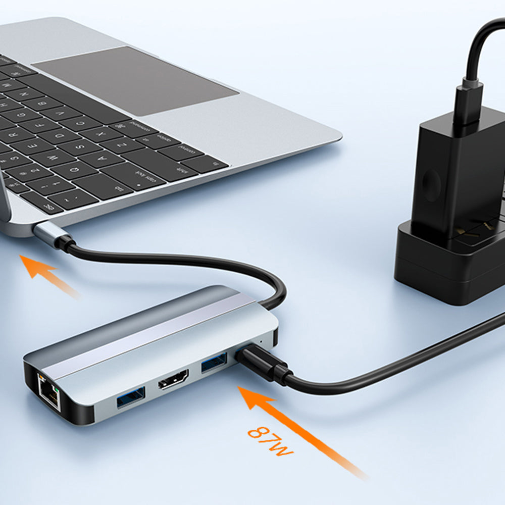 Uniqkart For MacBook 9-in-1 Type-C Multi-Interface Hub Splitter HD+USB3.0+USB2.0+PD+USB-C+RJ45+SD+TF Slots Adapter Docking Station