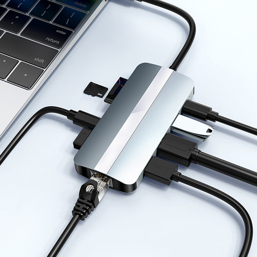 Uniqkart For MacBook 9-in-1 Type-C Multi-Interface Hub Splitter HD+USB3.0+USB2.0+PD+USB-C+RJ45+SD+TF Slots Adapter Docking Station