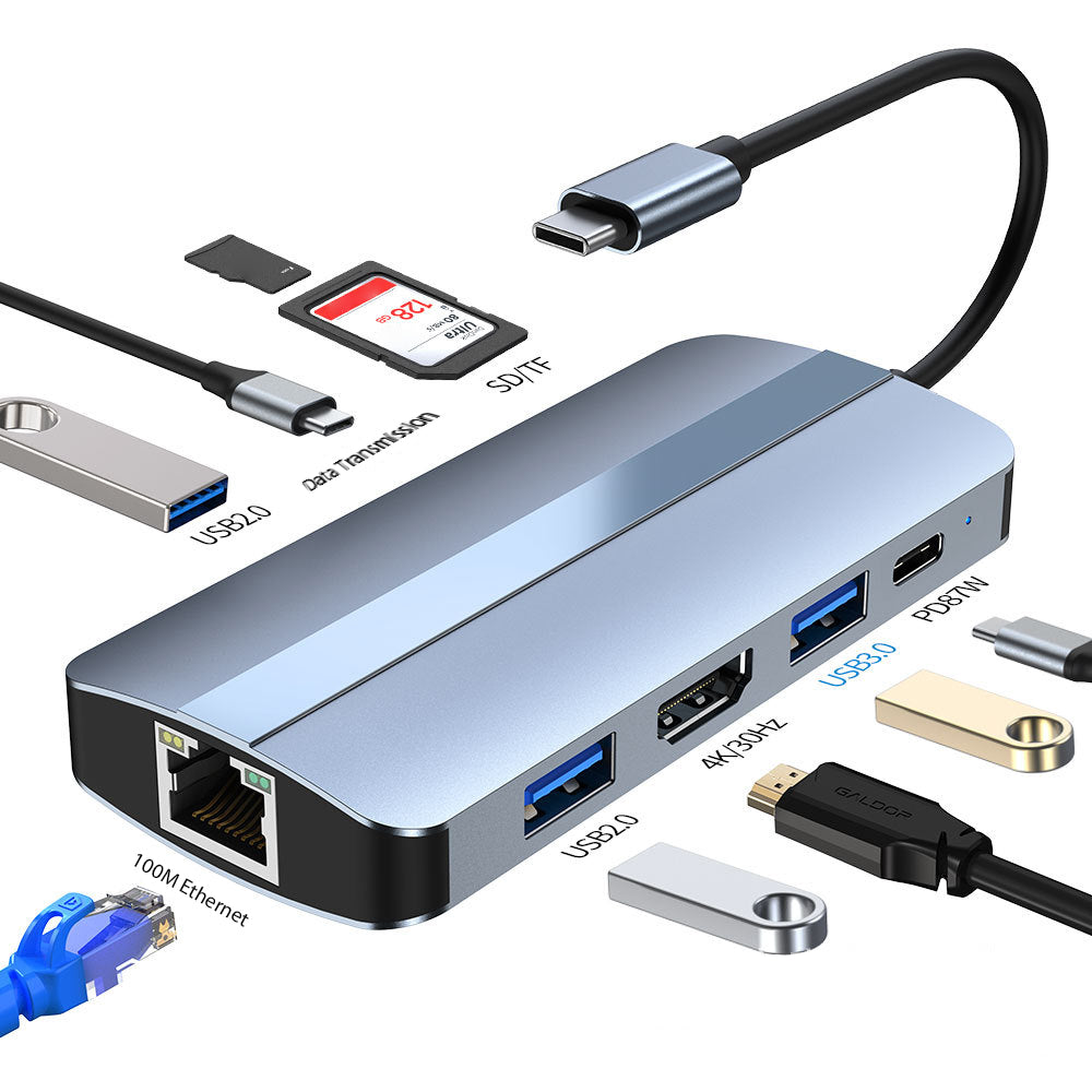 Uniqkart For MacBook 9-in-1 Type-C Multi-Interface Hub Splitter HD+USB3.0+USB2.0+PD+USB-C+RJ45+SD+TF Slots Adapter Docking Station