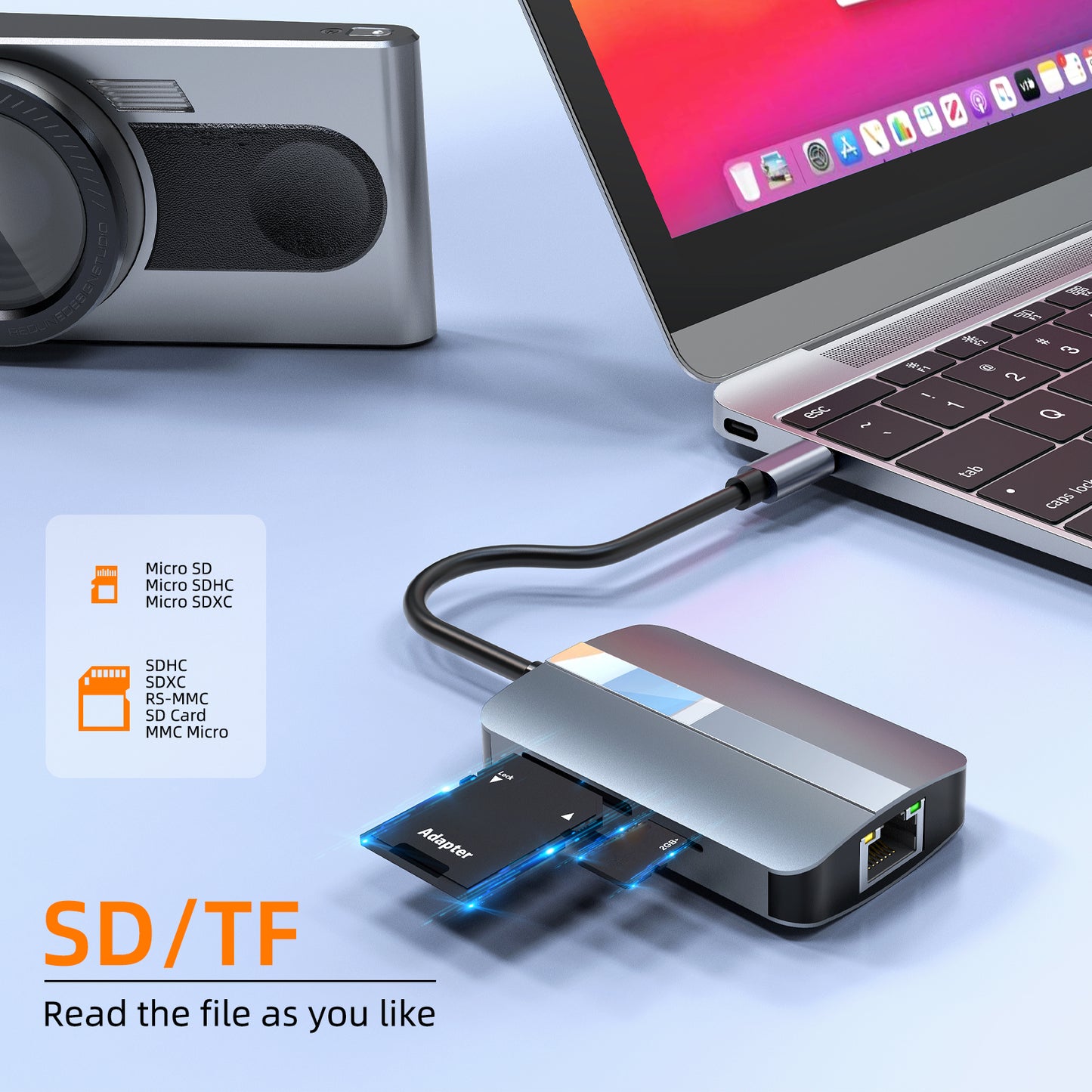 Type-C 5-in-1 Hub Splitter RJ45+USB3.0+USB2.0+TF / SD Slots Adapter Docking Station