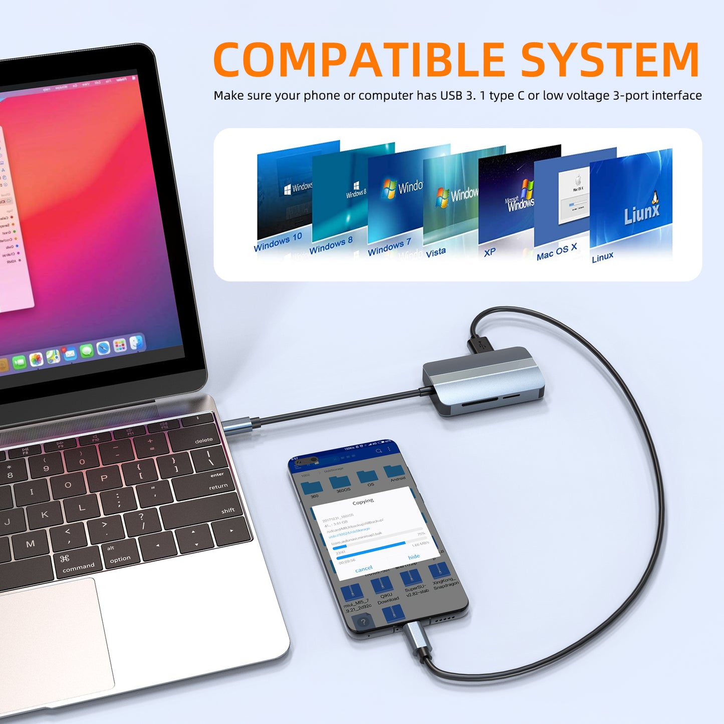 Type-C 5-in-1 Hub Splitter RJ45+USB3.0+USB2.0+TF / SD Slots Adapter Docking Station