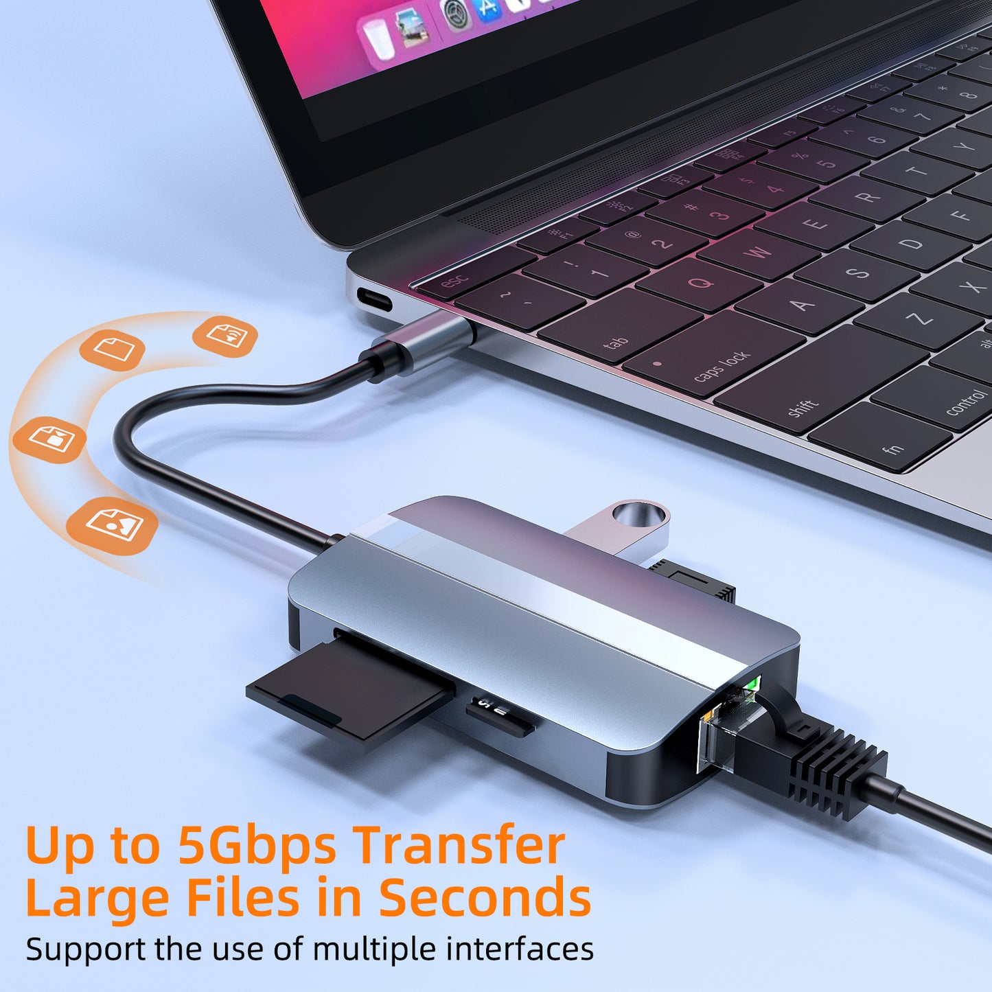 Type-C 5-in-1 Hub Splitter RJ45+USB3.0+USB2.0+TF / SD Slots Adapter Docking Station