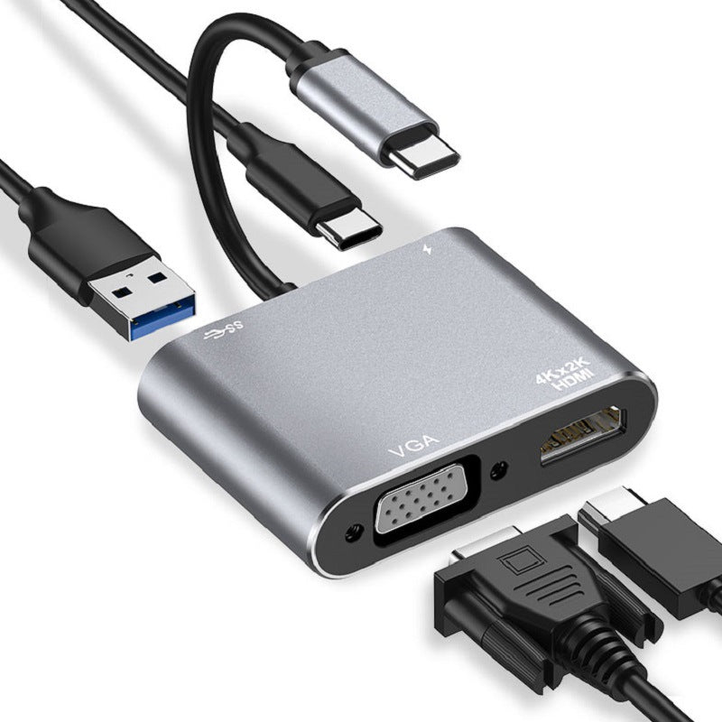 4-in-1 Type-C Docking Station Portable USB-C Hub Adapter Type-C Splitter to USB 3.0+HD+VGA+USB-C