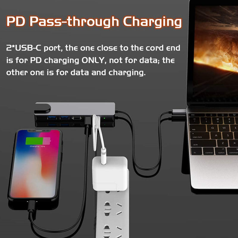 6-in-1 Type-C Hub Multifunctional Docking Station 4K UHD USB-C Adapter to USB 2.0, 87W Type-C, 100Mbps Ethernet