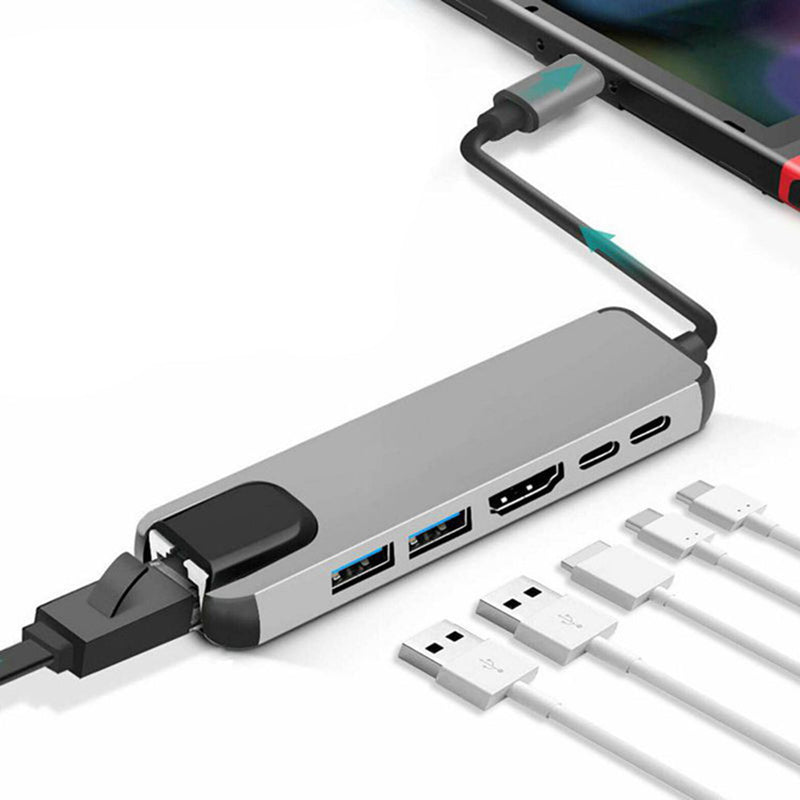 6-in-1 Type-C Hub Multifunctional Docking Station 4K UHD USB-C Adapter to USB 2.0, 87W Type-C, 100Mbps Ethernet