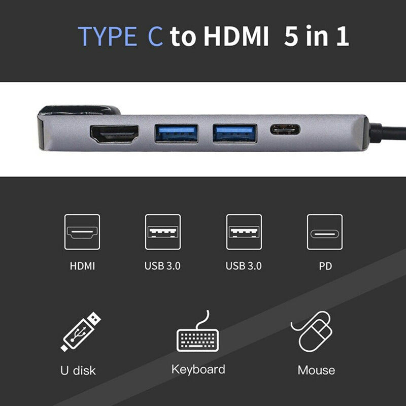 Portable Type-C Docking Station 5-in-1 USB-C Hub Adapter 4K HD Type-C Splitter to RJ45, USB-C, USB 3.0