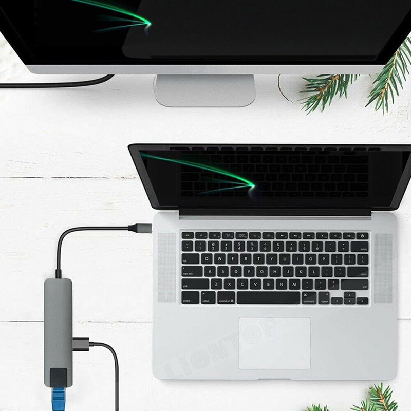Portable Type-C Docking Station 5-in-1 USB-C Hub Adapter 4K HD Type-C Splitter to RJ45, USB-C, USB 3.0